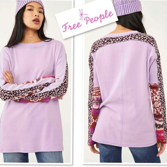 Free People womens On My Way Cuff Cotton Mixed-print Thermal Top In Petal Size S - Picture 2 of 11